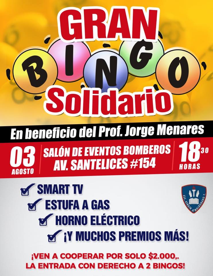 GRAN BINGO A BENEFICIO DEL PROFESOR JORGE MENARES – 29 DE JULIO DE 2019